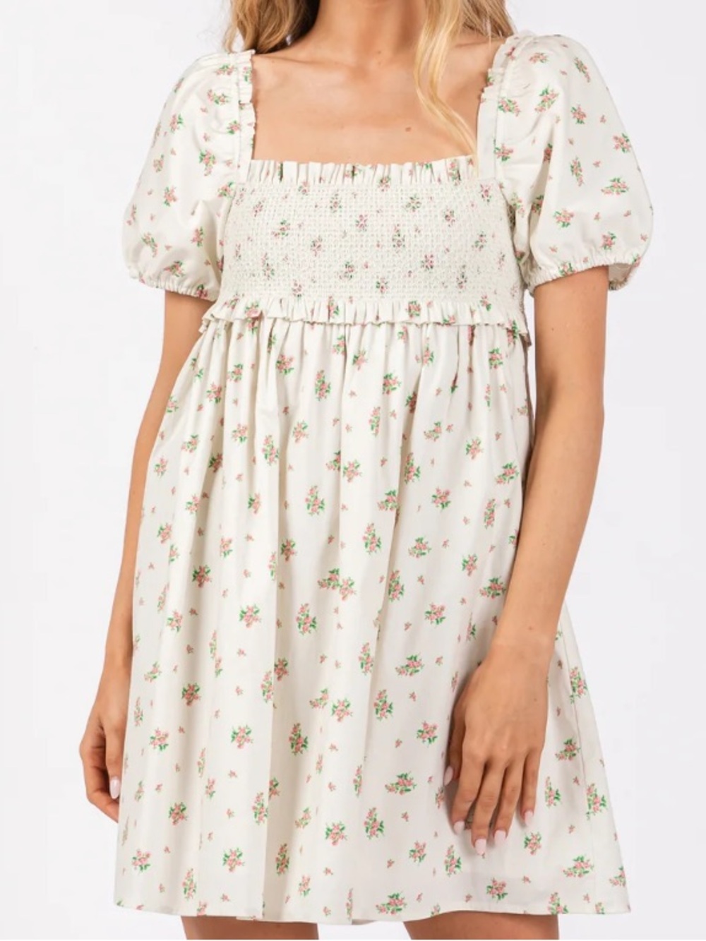 Dress Forum Cream Floral Smocked Puff Sleeve Dress